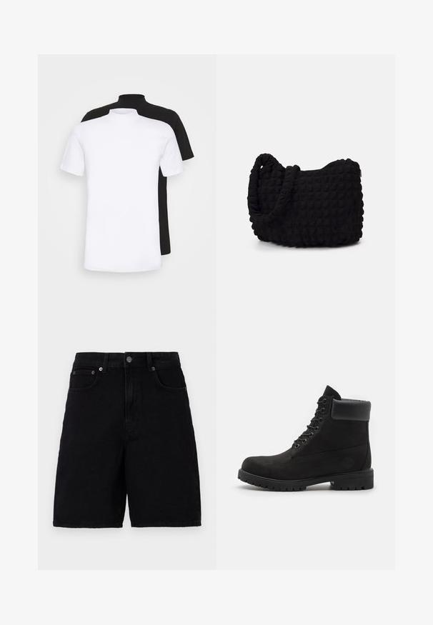 Kaks lühikeste varrukatega T-särki, üks valge ja teine must, millel on kõrge kaelaosa disain ja mis on valmistatud pehmest puuvillast materjalist.; Mustast denimist lühikesed püksid klassikalise viie-tasku disainiga, varustatud nööbkinnitusega ja sirge sääre lõikega. Kangas on sileda tekstuuriga.; Mustade lacesega pahkluu saapad pehme kraega ja robustse tallaga, kujutatud profiilis valge taustaga.; Must mustkott, millel on tekstuuriga tikitud muster. Ümar kuju, lühikesed ja jämedad sangad ning pehme, paindlik struktuur.