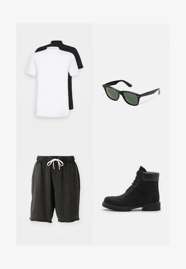 To korteermede t-skjorter, en hvit og en svart, med høyt halsdesign laget av mykt bomullsmateriale.; Svarte bomullsshorts med elastisk linning og hvit snor. Har sidelommer og ufinsede kanter med små glidelåsdetaljer.; Sorte snøresko til ankelen med polstret krage og solid såle, vist i profil mot en hvit bakgrunn.; Sorte plast-solbriller med grønne linser, firkantede rammer, sølvdetalje på brynene, og teksturerte stangarmen. Angitt merke på indre arm.