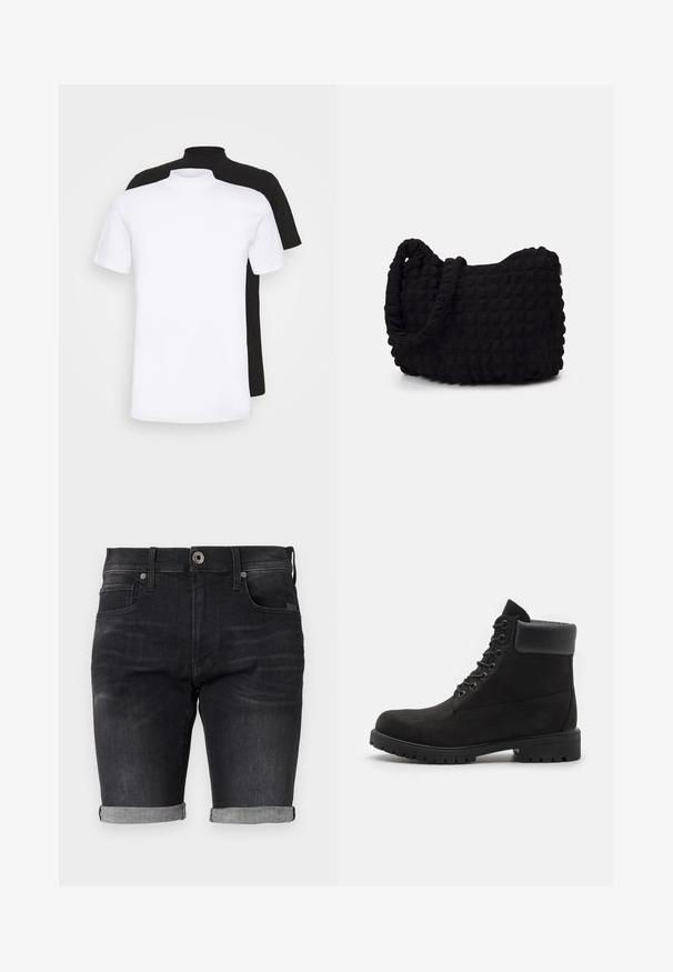 Dve majice s kratkimi rokavi, ena bela in ena črna, z visokim ovratnikom, izdelane iz mehkega bombažnega materiala.; Črne denim kratke hlače s prilegajočim dizajnom, zavitimi robovi in klasičnim pasom, ki vključuje sprednji gumb in stranske žepe.; Črne čipkaste gležnjarje z oblazinjeno obrobo in trdim podplatom, prikazane v profilu na beli podlagi.; Črn platneno torba z strukturiranim, quilted vzorcem. Okrogla oblika, kratki, debeli ročaji in mehak, fleksibilen konstrukt.