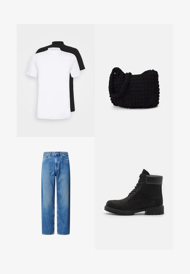 Kaks lühikeste varrukatega T-särki, üks valge ja teine must, millel on kõrge kaelaosa disain ja mis on valmistatud pehmest puuvillast materjalist.; Heledad sinine teksased kõrge taljega, laia säärega lõikega ja kaldu õmblusega. Omab viit taskut ja nööbiga sulgemist.; Mustade lacesega pahkluu saapad pehme kraega ja robustse tallaga, kujutatud profiilis valge taustaga.; Must mustkott, millel on tekstuuriga tikitud muster. Ümar kuju, lühikesed ja jämedad sangad ning pehme, paindlik struktuur.