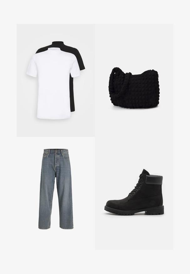 Dwie t-shirty z krótkim rękawem, jedna biała, a druga czarna, z wysokim kołnierzem, wykonane z miękkiego bawełnianego materiału.; Jasnoniebieskie dżinsowe spodnie o szerokich nogawkach z wysokim stanem, pięcioma kieszeniami i widocznym przeszyciem. Miękka tekstura o lekko wyblakłym wyglądzie.; Czarne botki na kostkę z wiązaniem, z wyściełanym kołnierzem i solidną podeszwą, pokazane w profilu na białym tle.; Czarna torba z materiału o fakturowanym, pikowanym wzorze. Owalny kształt, krótkie, grube rączki oraz miękka, elastyczna struktura.