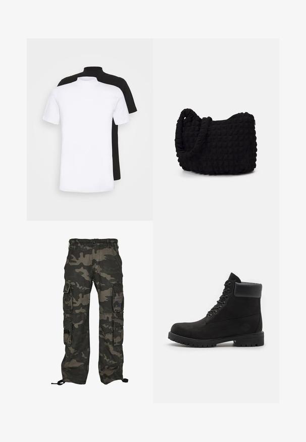 Kaks lühikeste varrukatega T-särki, üks valge ja teine must, millel on kõrge kaelaosa disain ja mis on valmistatud pehmest puuvillast materjalist.; Tumed roheline ja hall kamuflaažiga cargo püksid, millel on mitu küljetaskut, nööbiklapp ja reguleeritavad pahkluu nöörid.; Mustade lacesega pahkluu saapad pehme kraega ja robustse tallaga, kujutatud profiilis valge taustaga.; Must mustkott, millel on tekstuuriga tikitud muster. Ümar kuju, lühikesed ja jämedad sangad ning pehme, paindlik struktuur.