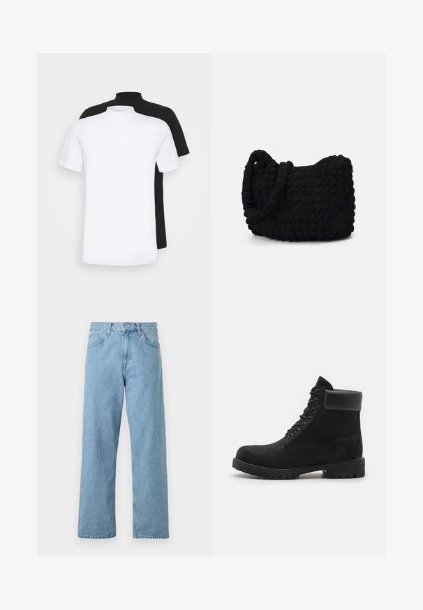 Dwie t-shirty z krótkim rękawem, jedna biała, a druga czarna, z wysokim kołnierzem, wykonane z miękkiego bawełnianego materiału.; Jasnoniebieskie dżinsy z prostymi nogawkami, pięcioma kieszeniami, zapięciem na guzik i zamek błyskawiczny oraz lekko przytartym wykończeniem.; Czarne botki na kostkę z wiązaniem, z wyściełanym kołnierzem i solidną podeszwą, pokazane w profilu na białym tle.; Czarna torba z materiału o fakturowanym, pikowanym wzorze. Owalny kształt, krótkie, grube rączki oraz miękka, elastyczna struktura.