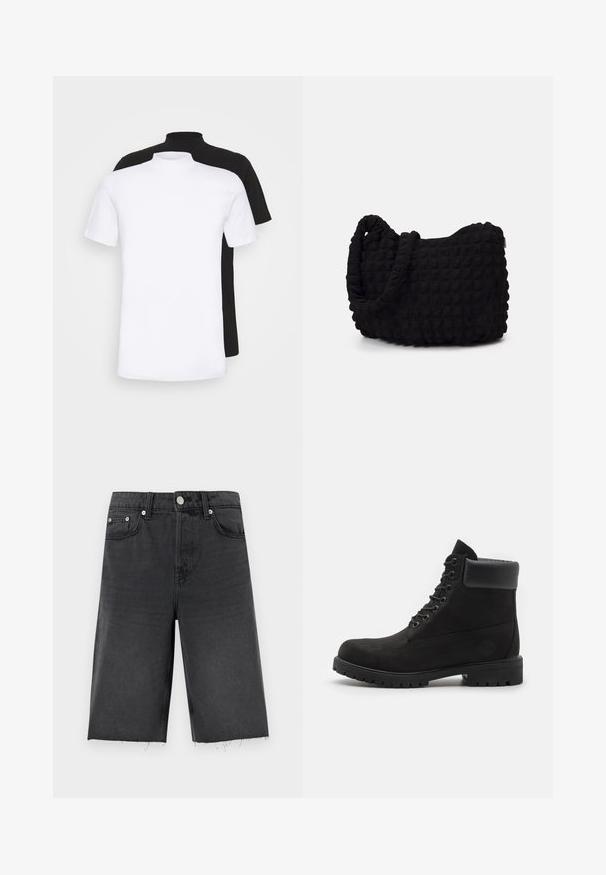 Due magliette a maniche corte, una bianca e una nera, con un design a collo alto realizzate in morbido cotone.; Shorts in denim neri con una vestibilità dritta, con orlo leggermente sfilacciato, passanti per cintura, cinque tasche e bottoni in tono argento.; Stivale alla caviglia nero con lacci, colletto imbottito e suola robusta, mostrato in profilo su uno sfondo bianco.; Borsa in tessuto nero con un motivo trapuntato e texture. Forma arrotondata, manici corti e spessi, e una struttura morbida e flessibile.