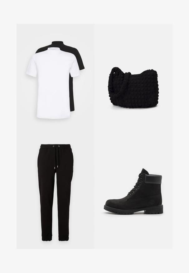 Two short-sleeve t-shirts, one white and one black, featuring a high neck design made from soft cotton material.; Black sweatpants made of soft fabric, featuring an elastic waistband with drawstrings, side pockets, and gathered cuffs at the ankles.; Black lace-up ankle boot with padded collar and rugged sole, shown in profile against a white background.; Black fabric bag with a textured, quilted pattern. Rounded shape, short, thick handles, and a soft, flexible structure.