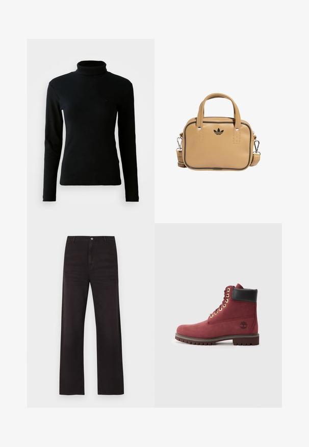 Zwarte geribbelde lange mouwen coltrui met een aansluitende silhouette tegen een effen witte achtergrond.; Zwarte rechte spijkerbroek met riemlussen, knoopsluiting en zichtbare stiksels, weergegeven tegen een witte achtergrond.; Rode suède enkellaars met een zwarte leren kraag, gouden oogjes en een robuuste rubberen zool. Heeft een logo aan de zijkant.; Bruine vegan leren tas met twee handgrepen, een afneembare schouderriem, zwarte accentstiksels en een klein zwart logo aan de voorkant.