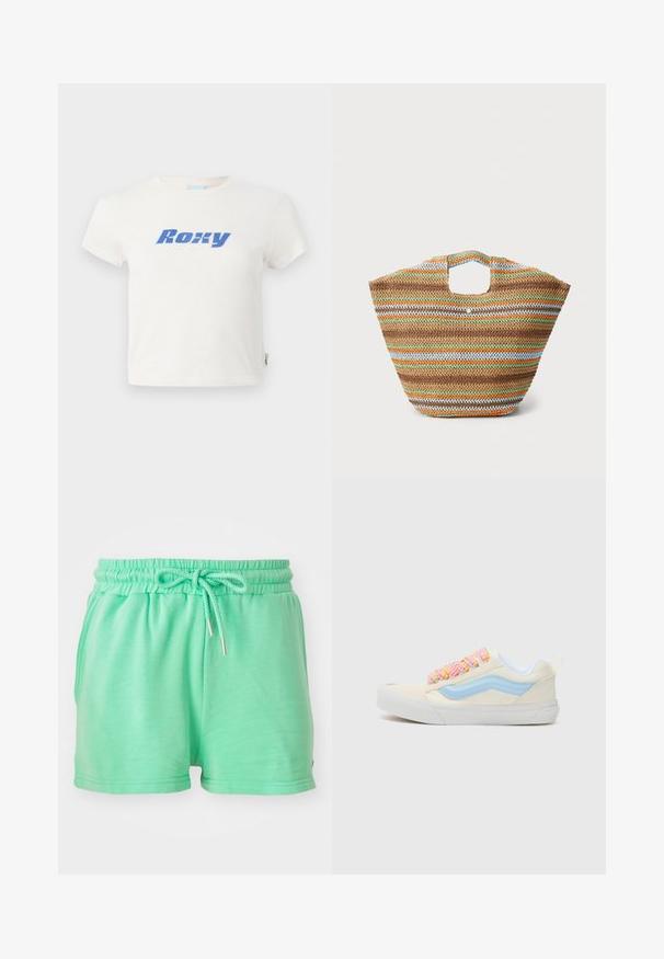 Λευκό βαμβακερό T-shirt με στρογγυλή λαιμόκοψη, με μια μεγάλη μπλε εκτύπωση του λογότυπου "Roxy" στο στήθος. Βραχίονες σύντομοι, κανονική εφαρμογή.; Μιντ πράσινα σορτς από μαλακό υλικό, με ελαστική μέση και ρυθμιζόμενο κορδόνι, καθώς και πλαϊνές τσέπες.; Αθλητικά παπούτσια με επάνω μέρος από κρεμ ύφασμα, ανοιχτό γαλάζια λωρίδα στο πλάι και πολύχρωμες κορδόνες. Μαλακή λευκή σόλα και ραφή στο πίσω μέρος για εύκολη χρήση.; Πλεκτή τσάντα από άχυρο με πολύχρωμες ρίγες σε καφέ, πράσινο, πορτοκαλί και μπλε. Διαθέτει επίπεδη μορφή και δύο ανοιγμένα χερούλια. Ελαφριά σχεδίαση.