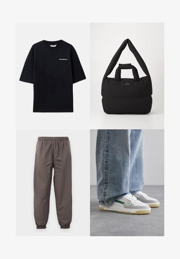 Black cotton T-shirt with short sleeves, crew neck, and a small white "HOLZWEILER" logo on the front, featuring a loose fit.; Dark gray, elastic-waist pants with a relaxed fit. Features gathered cuffs and subtle embroidery on the sides. Lightweight fabric.; White and gray sneakers with green accents, featuring a mesh upper and rubber sole, paired with blue denim jeans with frayed hems.; Black padded bag with a wide, soft shoulder strap and top handle. Features a zip closure and a subtle logo on the front.