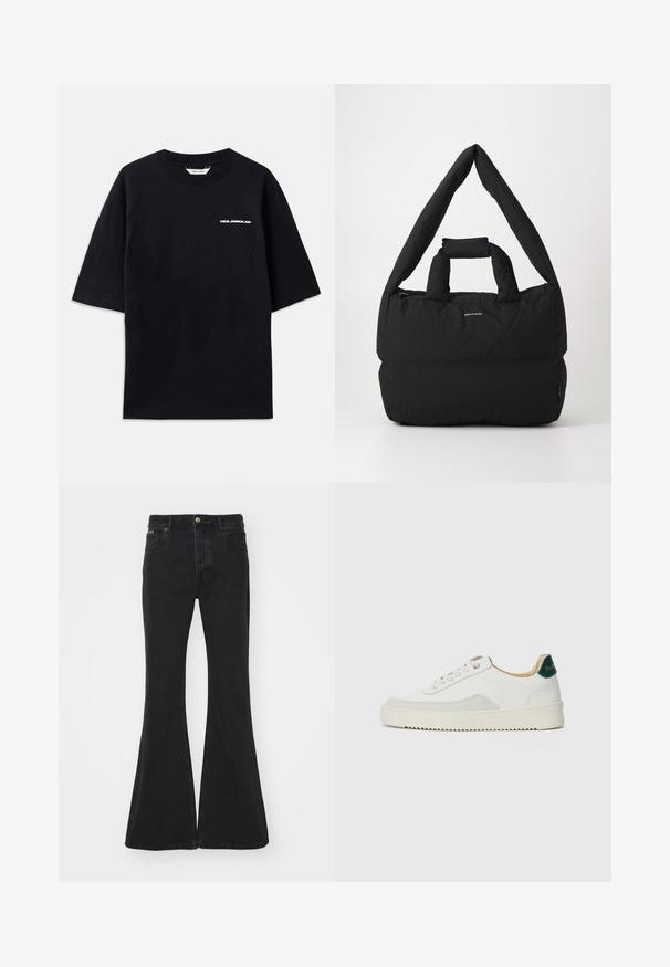 Svart bomull T-skjorte med kortermet, rund hals og en liten hvit "HOLZWEILER" logo på forsiden, med en løs passform.; EYTYS CYRUS RAVEN - Flared jeans - black; Hvit sneakers med semsket detaljer, rund tå, flate snøringer og en kremfarget gummisåle. Har grønn merking på hælen.; Svart polstret veske med en bred, myk skulderreim og topphåndtak. Har glidelås lukking og en subtil logo foran.