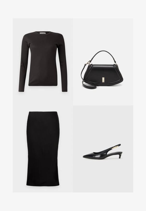 Melnas garām piedurknēm ribota T-kreklā ar apaļu kakla izgriezumu, izgatavots no mīksta auduma, ar vienkāršu dizainu bez rotājumiem vai rakstiem.; Melnas, pieguļoša midi svārki ar gludu tekstūru, sānu šķelšanās detaļu un klasisku jostasvietu. Izstrādāti eleganta silueta radīšanai.; Melnas ādas slingback zābaki ar smailu purngalu, ar šauru papēdi un zelta krāsas akcentu uz regulējama siksniņas. Gluda tekstūra.; Melnas ādas roku soma ar struktūru, ar īsu formu, augšējo rokturi un zelta aksesuāriem. Iekļauta regulējama plecu siksna.