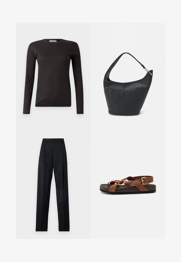 Svart langermet ribbestrikket T-skjorte med rund hals, laget av myk stoff, med et enkelt design uten dekorasjoner eller mønstre.; Svarte bukser laget av glatt stoff, med høy midje, vide ben, frontfolder og klassiske beltehemper. Ingen synlige sidelommer.; Sœur MEXICO - Sandaler - rouille; Svart lærveske med en rund form, bred stropp og strukturert overflate. Har en subtil sømdetalj og gullfarget beslag.