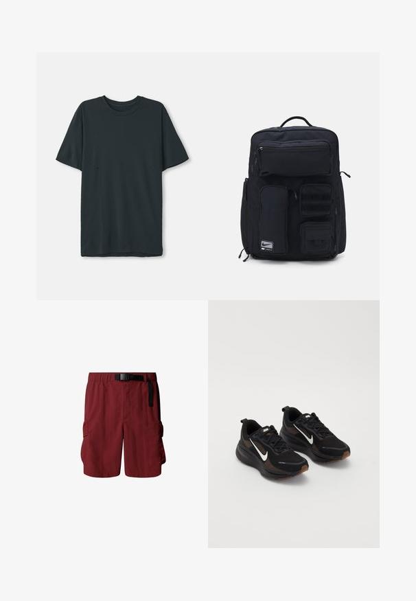 T-paita tummanharmaasta pehmeästä kankasta lyhyillä hihoilla ja pyöreällä kaula-aukolla, jossa on hienovaraiset vaaleat vaakaleikkaukset sivuilla.; Maroonit väriset cargo šortid, kurių juosmuo elastingas ir reguliuojamas diržas. Yra dvi šoninės kišenės. Pagaminti iš lengvos medžiagos.; Mustat urheilukengät, joissa on hengittävä verkkomateriaali, valkoinen Nike-logoelementti, teksturoitu pohja ja erottuvat ruskeat yksityiskohdat. Sisältää vahvistetun kantapään.; Mustakassi, joka on valmistettu kestävästä kankaasta. Siinä on useita vetoketjullisia taskuja, mukaan lukien etutasku, sekä tarranauhapaikkoja kiinnityksille.