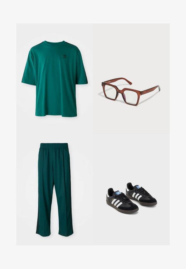 Smaragdzaļš kokvilnas T-krekls ar īsām piedurknēm, apaļu kakla izgriezumu un melnām sānu svītrām. Uz krūtīm ir neliels melns logo.; Tumši zaļi sporta bikses ar elastīgu jostu, taisna kāju dizains un melnas sānu svītras. Izgatavotas no mīkstas, elastīgas auduma.; Melnas sporta apavas ar zamšādas un sintētisku augšdaļu, ar trim baltām svītrām, teksturētu gumijas zoli un zilu logo birku uz mēles.; Brūnas pārāk lielas taisnstūrveida brilles ar caurspīdīgām lēcām un nelielu rozā nokrāsu labajā lēcā. Plastmasas rāmis ar gludu tekstūru.