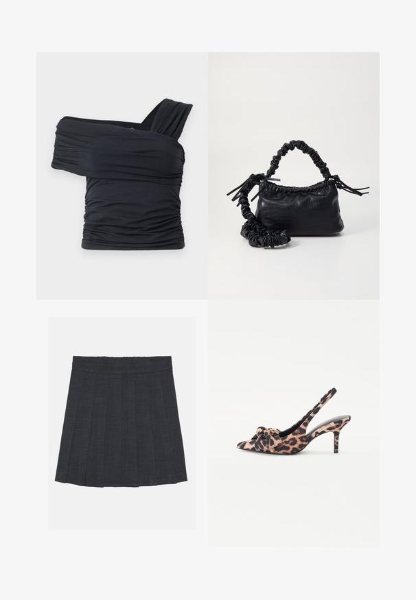 Fekete, vállnélküli felső, puha, rugalmas anyagból, fodros részletekkel és egyoldali széles pánttal.; Sötétszürke pliszírozott szoknya rugalmas derékkal, texturált anyagból, klasszikus A-vonalú sziluettel. Alkalmas mindennapi viseletre.; Leopárdmintás slingback magassarkú cipők hegyes orral, elől masnival díszítve és vékony, magas sarkú, puha textil anyagból készült.; Fekete műbőr kézi táska krokodil bőr textúrával, összehúzható tetejű és gyűrt pánttal. Lágy és kompakt dizájnúnak tűnik.