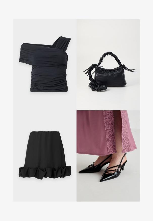 Fekete, vállnélküli felső, puha, rugalmas anyagból, fodros részletekkel és egyoldali széles pánttal.; Fekete szoknya fodros szegéllyel, könnyű anyagból készült. Rugalmas derékrésze kényelmes illeszkedést biztosít. Egyszerű és sokoldalú dizájn.; Fekete lakk bőr slingback sarkú cipők hegyes orral, több vékony pánttal és aranyszínű csattal díszítve.; Fekete műbőr kézi táska krokodil bőr textúrával, összehúzható tetejű és gyűrt pánttal. Lágy és kompakt dizájnúnak tűnik.