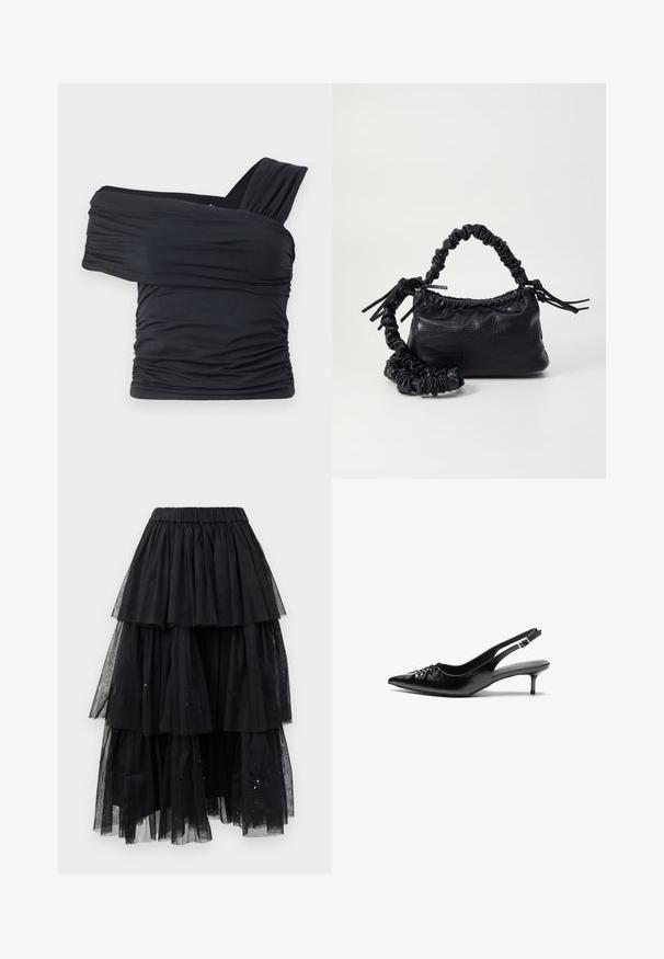 Must mustriba mustreenipee peal pehmed kudumeeliselt ja venivast kangast, omades rikutud detaile ja laia rihma disaini ühel küljel.; Kihtidega mustast tullest seelik, millel on elastne vöökoht ja kaskaadne disain erinevate pikkustega, mis on kaunistatud kergete särava aktsentidega.; Musthave nahkased kõrged kontsad, millel on terav varvas, väike kitten-kont ja dekoratiivne sõlm ees. Ühtlane sile tekstuur.; Must must sünteetilisest nahast käekott, millel on krokodillimuster, kokku tõmmatav ülaosa ja kortsus rihm. Tundub pehme ja kompaktne disain.