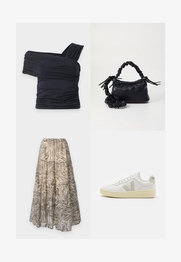 Black off-shoulder top made from soft, stretchy fabric, featuring ruched details and a wide strap design on one side.; Tiered maxi skirt in light fabric featuring a beige and black zebra print pattern. Elastic waistband for adjustable fit.; White leather sneaker with beige suede accents, perforated toe box, flat laces, and a textured cream sole. Features subtle branding on heel.; Black faux leather handbag with a crocodile texture, cinched top, and a scrunched strap. Appears soft and compact in design.