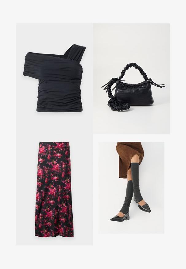 Top nero senza spalline realizzato in tessuto morbido e elasticizzato, con dettagli arricciati e un design con fascia larga su un lato.; Gonna midi floreale nera, con un vivace motivo di fiori rosa e rossi. Tessuto morbido, forma a linea A, con un ampio orlo.; Scarpe nere in pelle verniciata con punta affilata, tacco a blocco e cinturino alla caviglia, abbinate a scaldamuscoli grigi a coste e una gonna in suede marrone.; Borsa a tracolla in ecopelle nera con texture a coccodrillo, apertura cinchata e tracolla arricciata. Si presenta con un design morbido e compatto.