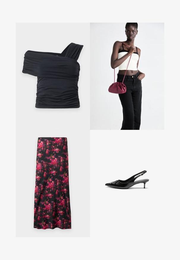 Black off-shoulder top made from soft, stretchy fabric, featuring ruched details and a wide strap design on one side.; Floral midi skirt in black, featuring a vibrant pattern of pink and red flowers. Smooth fabric, A-line shape, with a wide hem.; Black leather slingback heels with a pointed toe, small kitten heel, and a decorative knot detail on the front. Smooth texture throughout.; Burgundy soft fabric handbag with a gathered design and a long strap, worn crossbody. Model wears a white crop top and black jeans.