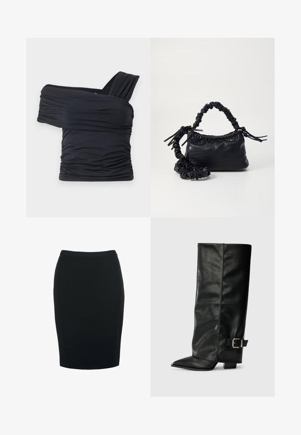 Črna majica brez naramnic, izdelana iz mehkega in raztegljivega materiala, z nabranimi detajli in širokim trakastim dizajnom na eni strani.; Črna svinčnik krila s prileganjem silhueto, izdelana iz gladkega, elastičnega materiala. Ima srednje visok pas in dolžino do kolen.; Črne usnjene gležnjarje do gležnjev z ostrim nosom, gladko teksturo in srebrnim sponko akcentom na strani. Debel kvadratni peti.; Črna torbica iz umetnega usnja s krokodilovo teksturo, z zvitim vrhom in zmečkano naramico. Zdi se mehka in kompaktna v oblikovanju.