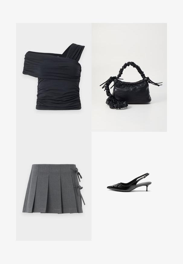 Black off-shoulder top made from soft, stretchy fabric, featuring ruched details and a wide strap design on one side.; Gray pleated mini skirt in a textured fabric, featuring a tie closure on one side and a smooth waistband for added comfort.; Black leather slingback heels with a pointed toe, small kitten heel, and a decorative knot detail on the front. Smooth texture throughout.; Black faux leather handbag with a crocodile texture, cinched top, and a scrunched strap. Appears soft and compact in design.