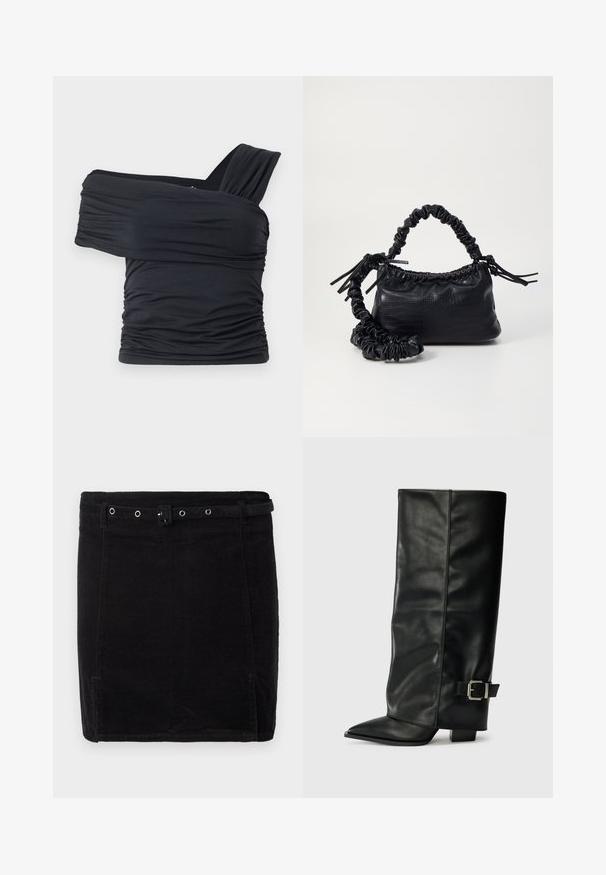 Fekete, vállnélküli felső, puha, rugalmas anyagból, fodros részletekkel és egyoldali széles pánttal.; Fekete kordbársony szoknya testhez simuló fazonnal, övvel, ezüst színű kiegészítőkkel és diszkrét függő bordázott textúrával.; Fekete bőr bokáig érő csizmák hegyes orral, sima felülettel és ezüst csattal az oldalon. Tömbös négyzet alakú sarok.; Fekete műbőr kézi táska krokodil bőr textúrával, összehúzható tetejű és gyűrt pánttal. Lágy és kompakt dizájnúnak tűnik.
