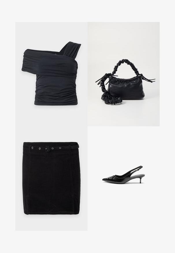 Black off-shoulder top made from soft, stretchy fabric, featuring ruched details and a wide strap design on one side.; Black corduroy skirt with a fitted design, featuring a belt, silver hardware, and subtle vertical ribbing texture.; Black leather slingback heels with a pointed toe, small kitten heel, and a decorative knot detail on the front. Smooth texture throughout.; Black faux leather handbag with a crocodile texture, cinched top, and a scrunched strap. Appears soft and compact in design.