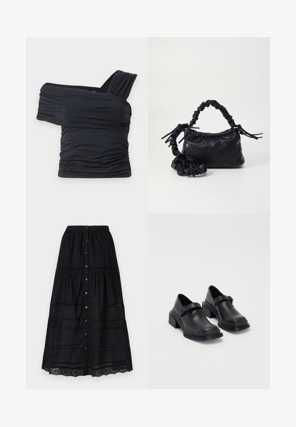 Top negru, cu umeri golași, fabricat dintr-un material moale și elastic, având detalii plissate și un design cu bretele late pe o parte.; Fustă neagră cu nasturi, cu un design în straturi, având dantelă și un material texturat. Include nasturi argintii în față.; Pantofi din piele neagră cu vârf rotunjit, talpă plată și o curea cu detaliu de cataramă. Toc gros pentru o stabilitate suplimentară.; Geantă din faux leather neagră cu textură de crocodil, cu partea superioară strânsă și o curea mototolită. Pare moale și compactă ca design.