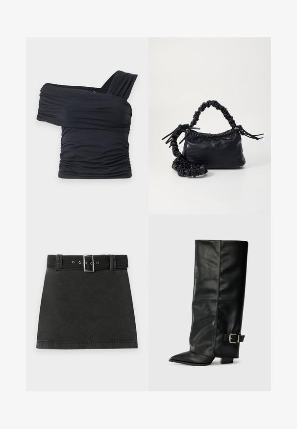 Črna majica brez naramnic, izdelana iz mehkega in raztegljivega materiala, z nabranimi detajli in širokim trakastim dizajnom na eni strani.; Črna jeansa mini krila z ujemajočim pasom, ki vsebuje kovinsko zaponko in zanke za pas, prikazana na beli podlagi.; Črne usnjene gležnjarje do gležnjev z ostrim nosom, gladko teksturo in srebrnim sponko akcentom na strani. Debel kvadratni peti.; Črna torbica iz umetnega usnja s krokodilovo teksturo, z zvitim vrhom in zmečkano naramico. Zdi se mehka in kompaktna v oblikovanju.