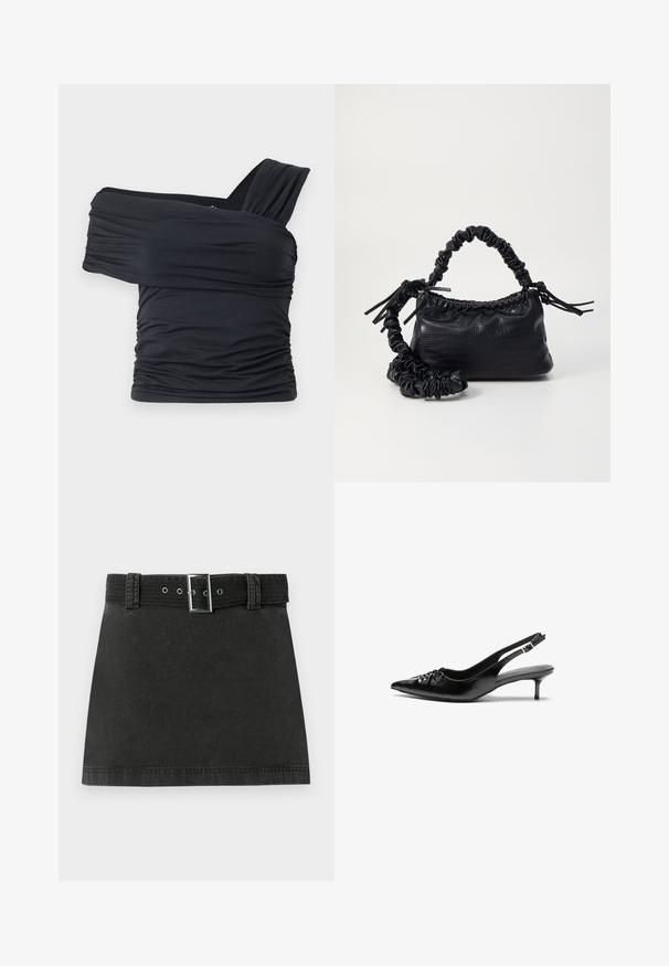 Black off-shoulder top made from soft, stretchy fabric, featuring ruched details and a wide strap design on one side.; Black denim mini skirt with a matching belt featuring metallic buckle and belt loops, displayed flat on a white background.; Black leather slingback heels with a pointed toe, small kitten heel, and a decorative knot detail on the front. Smooth texture throughout.; Black faux leather handbag with a crocodile texture, cinched top, and a scrunched strap. Appears soft and compact in design.