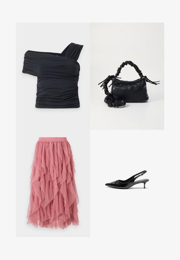Top preto sem alças feito de um tecido macio e elástico, com detalhes franzidos e um design de alça larga de um lado.; Saia rosa em camadas feita de tecido leve com um design franzido. Apresenta uma cintura elástica e cai até a altura da metade da panturrilha.; Sapatos de salto alto slingback em couro preto com bico fino, pequeno salto kitten e um detalhe decorativo em forma de nó na parte da frente. Textura suave em toda a parte.; Bolsa de mão em couro sintético preto com textura de crocodilo, topo franzido e alça enrugada. Apresenta um design suave e compacto.