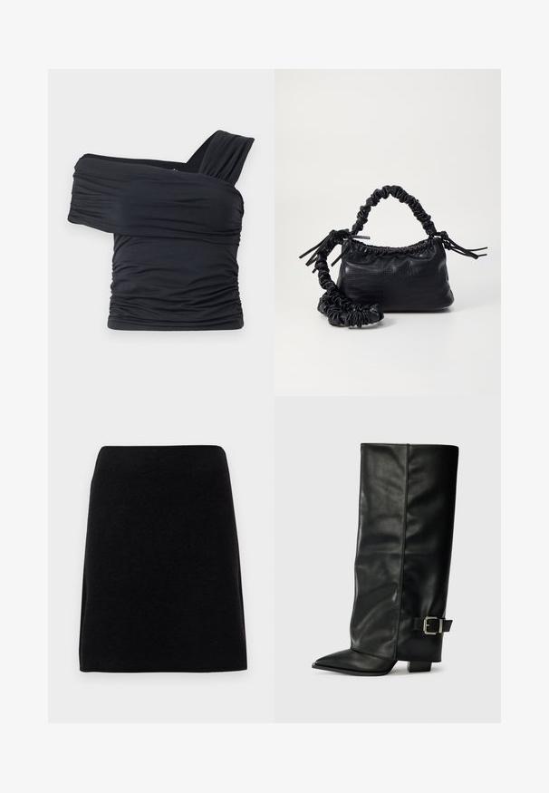 Črna majica brez naramnic, izdelana iz mehkega in raztegljivega materiala, z nabranimi detajli in širokim trakastim dizajnom na eni strani.; Črna mini krila iz mehkega materiala, z ravnim krojem in brezšivnim pasom, brez vidnih zaponk ali vzorcev.; Črne usnjene gležnjarje do gležnjev z ostrim nosom, gladko teksturo in srebrnim sponko akcentom na strani. Debel kvadratni peti.; Črna torbica iz umetnega usnja s krokodilovo teksturo, z zvitim vrhom in zmečkano naramico. Zdi se mehka in kompaktna v oblikovanju.