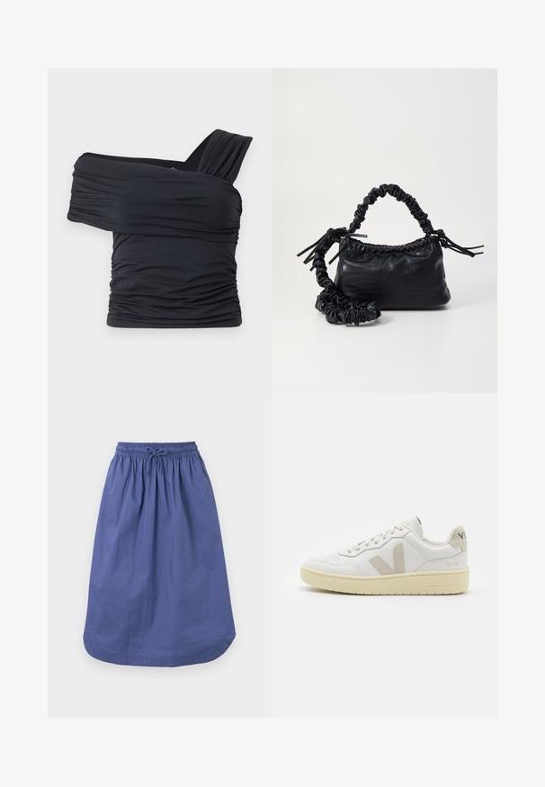 Melna off-shoulder gapģē jeb topiņš, kas izgatavots no mīksta, elastīga auduma, ar ručām un plašo siksnu dizainu vienā pusē.; Zila kokvilnas svārki ar elastīgu jostasvieta un auklu. A-līnijas siluets, ceļgalu garumā, gluda tekstūra, bez rakstiem vai akcentiem.; Baltas ādas sporta apavu pāris ar bēšiem zamša akcentiem, caurumiņu purngalā, plakanu šņorēšanu un teksturētu krēmkrāsas zoli. Iezīmējas ar diskrētu zīmolu uz papēža.; Melnā mākslīgās ādas rokassoma ar krokodila rakstu, savilkta augšdaļa un saburzīta siksna. Izskatās mīksta un kompakta pēc dizaina.