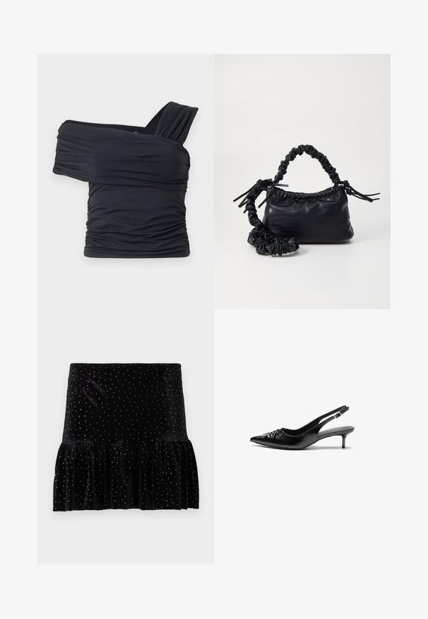 Črna majica brez naramnic, izdelana iz mehkega in raztegljivega materiala, z nabranimi detajli in širokim trakastim dizajnom na eni strani.; Črna žametna krila z nabranim robom, okrašena s srebrnimi pikami. Ima prilegajoč pas in mehak texture.; Črne usnjene slingback pete z izostrenim nosom, majhno mačje peto in okrasno vozličasto podrobnostjo na sprednjem delu. Gladka tekstura po celotni površini.; Črna torbica iz umetnega usnja s krokodilovo teksturo, z zvitim vrhom in zmečkano naramico. Zdi se mehka in kompaktna v oblikovanju.