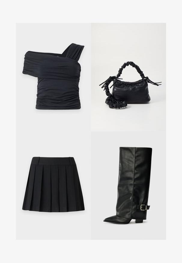 Fekete, vállnélküli felső, puha, rugalmas anyagból, fodros részletekkel és egyoldali széles pánttal.; Fekete pliszírozott szoknya szabott derékpánttal, könnyű anyagból készült. Egyenletesen elhelyezkedő redők és egyszerű, letisztult dizájn jellemzi.; Fekete bőr bokáig érő csizmák hegyes orral, sima felülettel és ezüst csattal az oldalon. Tömbös négyzet alakú sarok.; Fekete műbőr kézi táska krokodil bőr textúrával, összehúzható tetejű és gyűrt pánttal. Lágy és kompakt dizájnúnak tűnik.