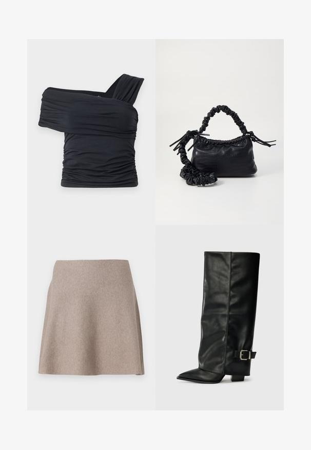 Črna majica brez naramnic, izdelana iz mehkega in raztegljivega materiala, z nabranimi detajli in širokim trakastim dizajnom na eni strani.; Bežna, rozširjena krila iz mehkega materiala z gladko teksturo in čistim robom. Preprost dizajn brez vidnih vzorcev ali okrasnih elementov.; Črne usnjene gležnjarje do gležnjev z ostrim nosom, gladko teksturo in srebrnim sponko akcentom na strani. Debel kvadratni peti.; Črna torbica iz umetnega usnja s krokodilovo teksturo, z zvitim vrhom in zmečkano naramico. Zdi se mehka in kompaktna v oblikovanju.