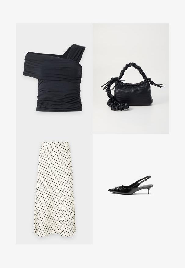 Fekete, vállnélküli felső, puha, rugalmas anyagból, fodros részletekkel és egyoldali széles pánttal.; Térd hosszúságú szoknya, könnyű anyagból, krém színű alapon fekete pöttyökkel és bővülő sziluettel.; Fekete bőrből készült slingback magassarkú cipők hegyes orral, kis francia sarokkal és díszes csomóval az elején. Az egész felületen sima textúra.; Fekete műbőr kézi táska krokodil bőr textúrával, összehúzható tetejű és gyűrt pánttal. Lágy és kompakt dizájnúnak tűnik.