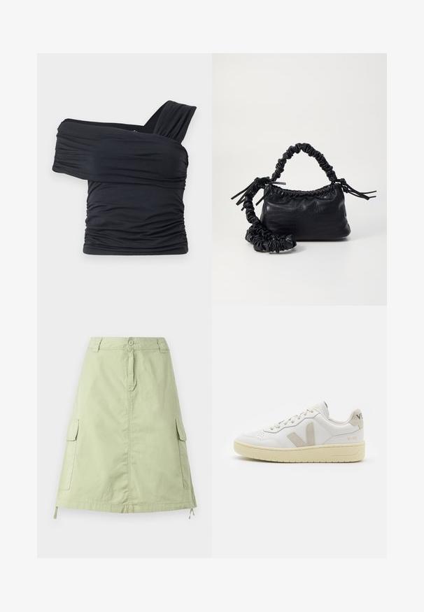 Top negru, cu umeri golași, fabricat dintr-un material moale și elastic, având detalii plissate și un design cu bretele late pe o parte.; Fustă din bumbac verde deschis, până la genunchi, cu două buzunare laterale tip cargo, închidere cu nasture și croială dreaptă relaxată. Textură simplă.; Pantofii sport din piele albă cu accente din suede bej, cutie pentru degete perforată, șireturi plate și o talpă texturată de crem. Prezintă branding subtil pe călcâi.; Geantă din faux leather neagră cu textură de crocodil, cu partea superioară strânsă și o curea mototolită. Pare moale și compactă ca design.