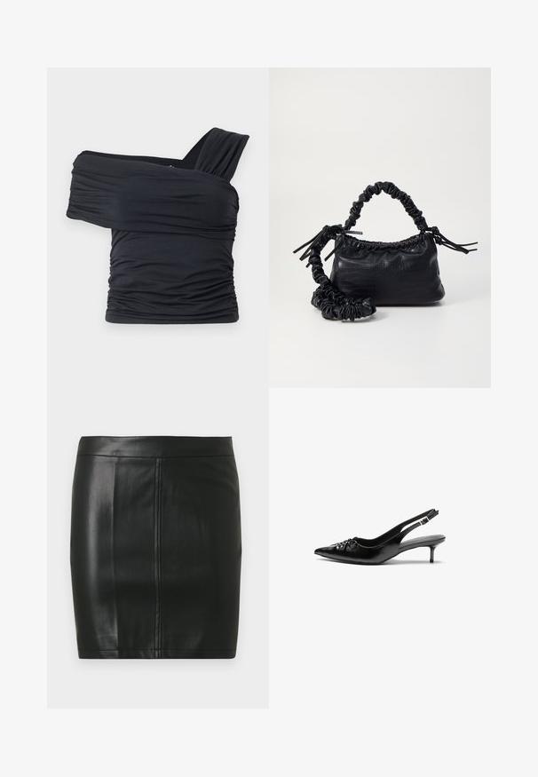 Black off-shoulder top made from soft, stretchy fabric, featuring ruched details and a wide strap design on one side.; Black leather mini skirt with a smooth texture, featuring two vertical seams at the front and a clean, fitted design.; Black leather slingback heels with a pointed toe, small kitten heel, and a decorative knot detail on the front. Smooth texture throughout.; Black faux leather handbag with a crocodile texture, cinched top, and a scrunched strap. Appears soft and compact in design.