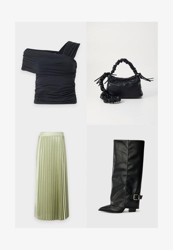 Schwarzes Off-Shoulder-Top aus weichem, elastischem Stoff, mit Rüschendetails und einem breiten Trägerdesign auf einer Seite.; Faltender Midirock aus leicht grünem Satin mit glatter Textur. Figurbetonter Bund, fällt bis zur Mitte der Wade, mit gleichmäßigen vertikalen Falten im gesamten Rock.; Schwarze Lederstiefeletten in Knöchellänge mit spitzem Zehenbereich, glatter Oberfläche und silberner Schnallenakzent an der Seite. Massiver, quadratischer Absatz.; Schwarze Handtasche aus Kunstleder mit Krokodilstruktur, gerafftem oberen Teil und einem geschoppten Tragegurt. Sie wirkt weich und kompakt im Design.