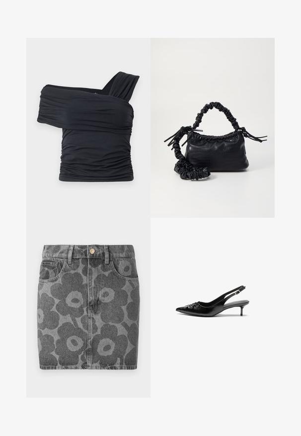 Juodas viršus be petnešų, pagamintas iš minkšto, elastingo audinio, su raukšlėtomis detalėmis ir plačios petnešos dizainu vienoje pusėje.; Pilkos džinsinės sijonas su juodu gėlių raštu. Yra dvi priekinės kišenės, mygtukų uždarymas ir tiesus kirpimas.; Juodos odinės slingback aukštakulniai su smailiu nosiu, mažais katės kulnais ir dekoratyvine mazgo detale priekyje. Visas paviršius lygus.; Juodas dirbtinės odos rankinė su krokodilo tekstūra, sušnibždinta viršuje ir susikraipytu dirželiu. Atrodo minkšta ir kompaktiška.