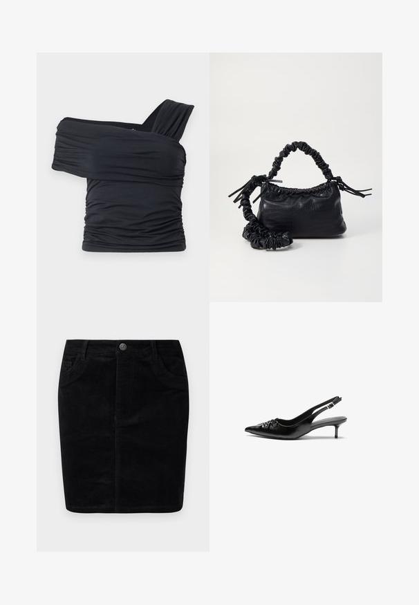 Crna bluzica bez naramenica napravljena od mekog, rastezljivog materijala, sa nabranim detaljima i širokim remenom s jedne strane.; Crna kord železnu suknju s ravnim krojem, zatvaranjem na dugmad, prednjim džepovima, rebrastom teksturom i mat završetkom.; Crne kožne sandale na petu s ikkrenim nosom, malom kitten petom i dekorativnom mašnom sprijeda. Glatka tekstura svuda.; Crna torba od umjetne kože s teksturom krokodila, s cinčanim vrhom i naboranom trakom. Izgleda mekano i kompaktno u dizajnu.