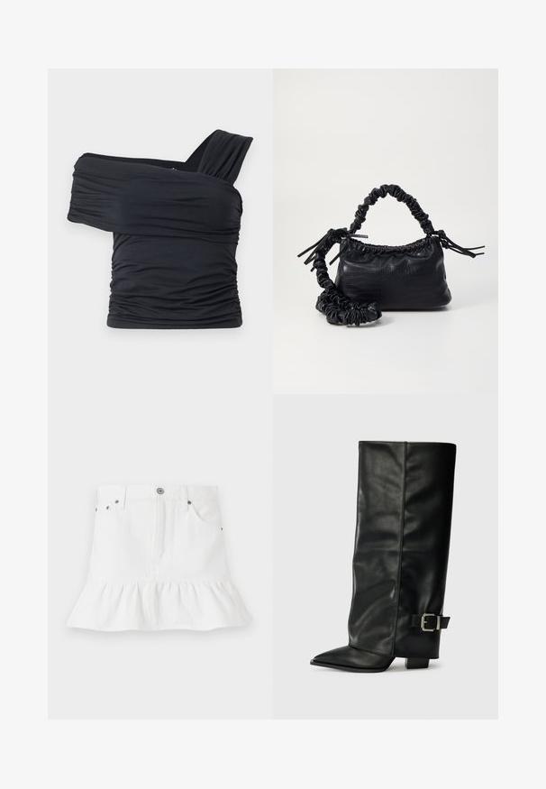 Schwarzes Off-Shoulder-Top aus weichem, elastischem Stoff, mit Rüschendetails und einem breiten Trägerdesign auf einer Seite.; Weiße Jeans-Rock mit einem Rüschensaum, der ein Fünf-Taschen-Design, eine vordere Knopfschließe und Metallakzente aufweist.; Schwarze Lederstiefeletten in Knöchellänge mit spitzem Zehenbereich, glatter Oberfläche und silberner Schnallenakzent an der Seite. Massiver, quadratischer Absatz.; Schwarze Handtasche aus Kunstleder mit Krokodilstruktur, gerafftem oberen Teil und einem geschoppten Tragegurt. Sie wirkt weich und kompakt im Design.