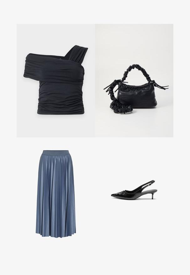 Crna bluzica bez naramenica napravljena od mekog, rastezljivog materijala, sa nabranim detaljima i širokim remenom s jedne strane.; Plišana maxi suknja u prigušenoj plavoj boji, izrađena od sjajnog materijala, s elastičnim pojasom i lepršavim dizajnom, doseže do sredine teladi.; Crne kožne sandale na petu s ikkrenim nosom, malom kitten petom i dekorativnom mašnom sprijeda. Glatka tekstura svuda.; Crna torba od umjetne kože s teksturom krokodila, s cinčanim vrhom i naboranom trakom. Izgleda mekano i kompaktno u dizajnu.