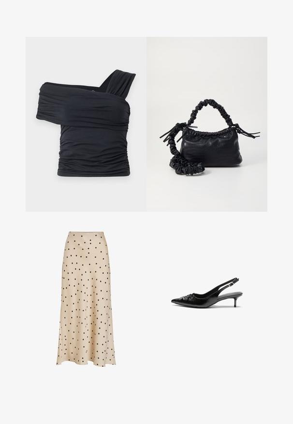 Black off-shoulder top made from soft, stretchy fabric, featuring ruched details and a wide strap design on one side.; Beige midi skirt made of smooth fabric, featuring an all-over black polka dot pattern, with a slightly flared silhouette and slit detail.; Black leather slingback heels with a pointed toe, small kitten heel, and a decorative knot detail on the front. Smooth texture throughout.; Black faux leather handbag with a crocodile texture, cinched top, and a scrunched strap. Appears soft and compact in design.