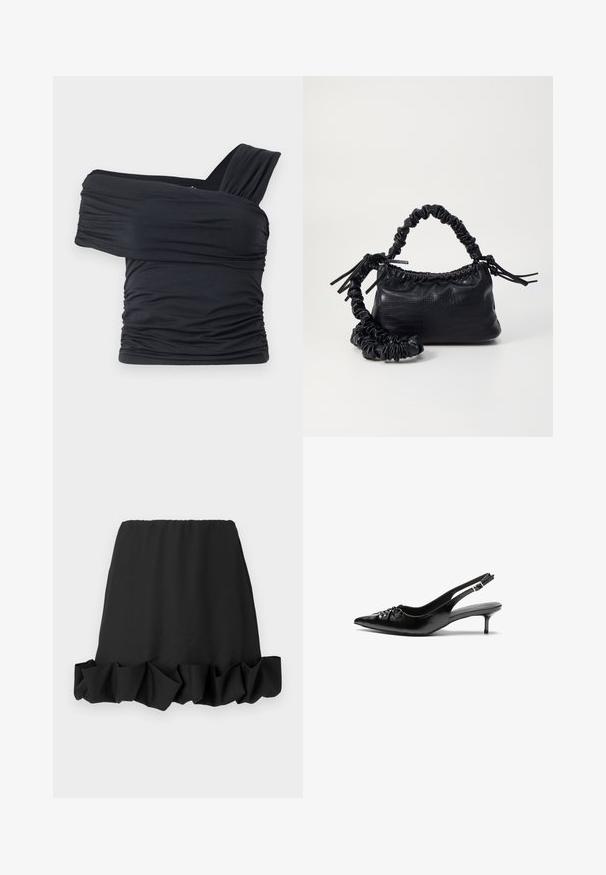 Musta olkaimeton toppi, joka on valmistettu pehmeästä ja venyvästä kankaasta, jossa on rypytysdetaljeja ja leveä olkaintyyli yhdellä puolella.; Musta hame jossa on röyhelöreunus, valmistettu kevyestä kankaasta. Pystytettiin joustava vyötärö mukautuvaa istuvuutta varten. Yksinkertainen ja monikäyttöinen muotoilu.; Mustat nahkaiset slingback-korkokengät, joissa on terävä kärki, pieni kitten-korko ja koristeellinen solki edessä. Yksinkertainen pinta kauttaaltaan.; Must-have mustekahvi nahkalaukku krokotiiliaistalla, kiristetty yläosa ja rypistetty hihna. Näyttää pehmeältä ja kompaktilta muotoilultaan.