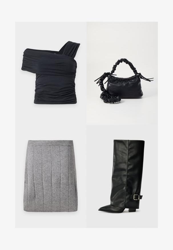 Top noir à épaules dénudées en tissu doux et extensible, présentant des détails froncés et une conception de large bretelle d'un côté.; Object OBJTHESS - Minijupe - medium grey; Bottes noires en cuir longueur cheville avec un bout pointu, texture lisse et une accent en boucle argentée sur le côté. Talon carré épais.; Sac à main en simili cuir noir avec une texture crocodile, un dessus resserré et une sangle froncée. A l'apparence douce et compacte.