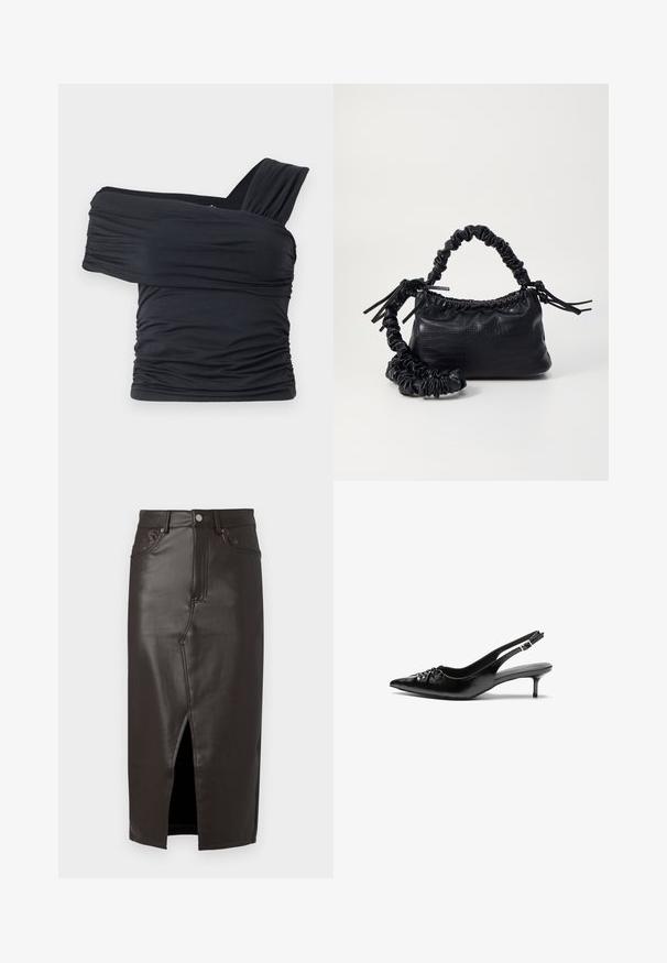 Must mustriba mustreenipee peal pehmed kudumeeliselt ja venivast kangast, omades rikutud detaile ja laia rihma disaini ühel küljel.; Pruun nahk midi-seelik, millel on esisilmus, viie-tasku disain ja metallnupu sulgemine. Sile tekstuur ja kohandatud istuvus.; Musthave nahkased kõrged kontsad, millel on terav varvas, väike kitten-kont ja dekoratiivne sõlm ees. Ühtlane sile tekstuur.; Must must sünteetilisest nahast käekott, millel on krokodillimuster, kokku tõmmatav ülaosa ja kortsus rihm. Tundub pehme ja kompaktne disain.