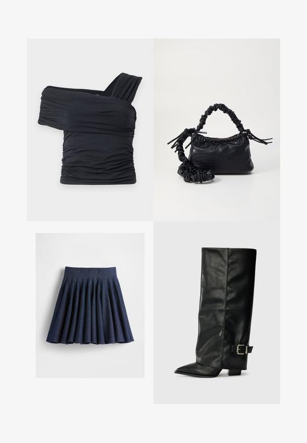 Musta olkaimeton toppi, joka on valmistettu pehmeästä ja venyvästä kankaasta, jossa on rypytysdetaljeja ja leveä olkaintyyli yhdellä puolella.; Tummansininen laskostettu hame, joka on valmistettu denim-kankaasta. Hameessa on korkea vyötärö ja viuhkan muotoinen helma, jossa on näkyviä tikkejä laskosten kohdalla.; Musta nahkasaappaat nilkkapituudella, teräväkärkiset, sileällä pinnalla ja hopeisella soljella sivussa. Tukeva neliönmallinen korko.; Must-have mustekahvi nahkalaukku krokotiiliaistalla, kiristetty yläosa ja rypistetty hihna. Näyttää pehmeältä ja kompaktilta muotoilultaan.