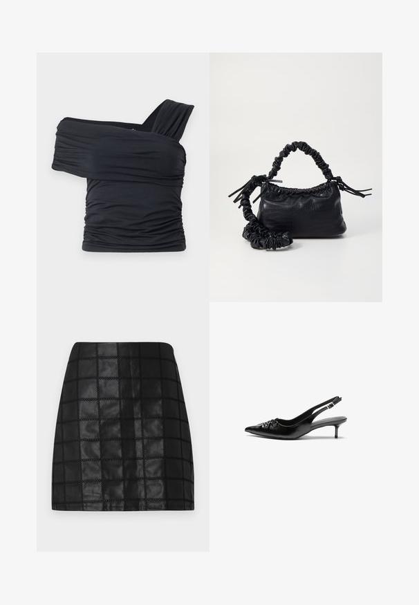 Fekete, vállnélküli felső, puha, rugalmas anyagból, fodros részletekkel és egyoldali széles pánttal.; Fekete bőr mini szoknya, texturált rácsos mintával, kiemelkedő varrásokkal és karcsú sziluettel. A sima felület fokozza a dizájnt.; Fekete bőrből készült slingback magassarkú cipők hegyes orral, kis francia sarokkal és díszes csomóval az elején. Az egész felületen sima textúra.; Fekete műbőr kézi táska krokodil bőr textúrával, összehúzható tetejű és gyűrt pánttal. Lágy és kompakt dizájnúnak tűnik.